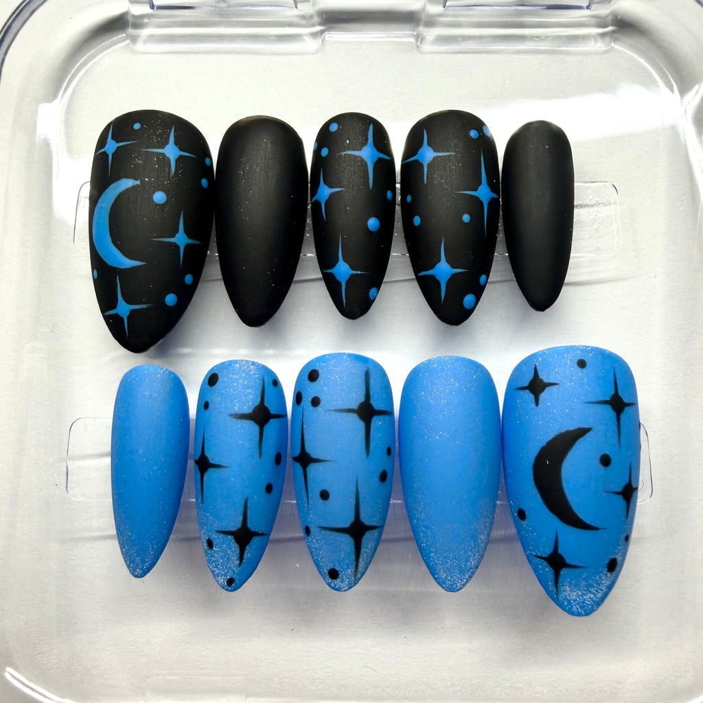 Handmade Blue-Black Moon & Stars Press-on Nails