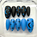 Handmade Blue-Black Moon & Stars Press-on Nails