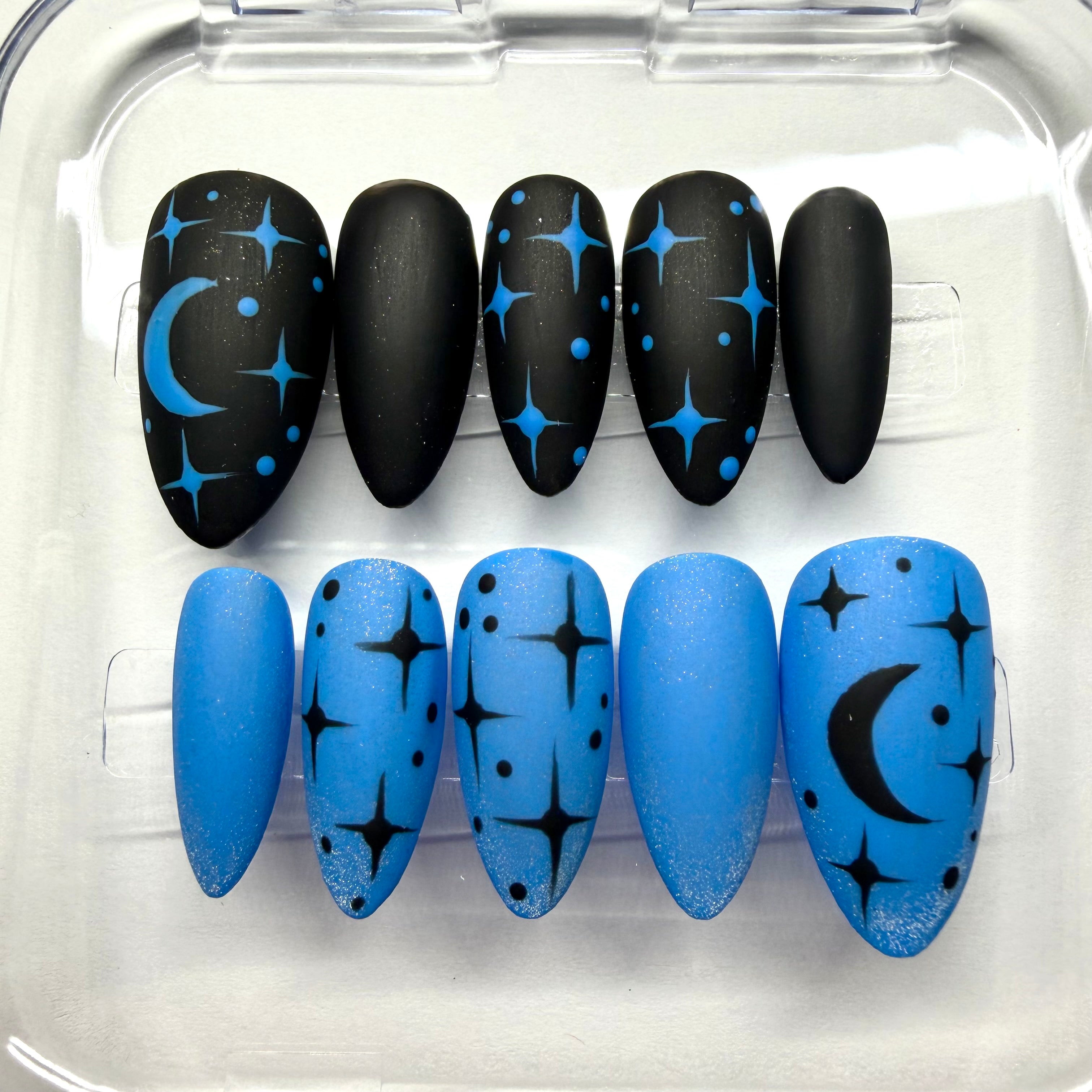 Handmade Blue-Black Moon & Stars Press-on Nails