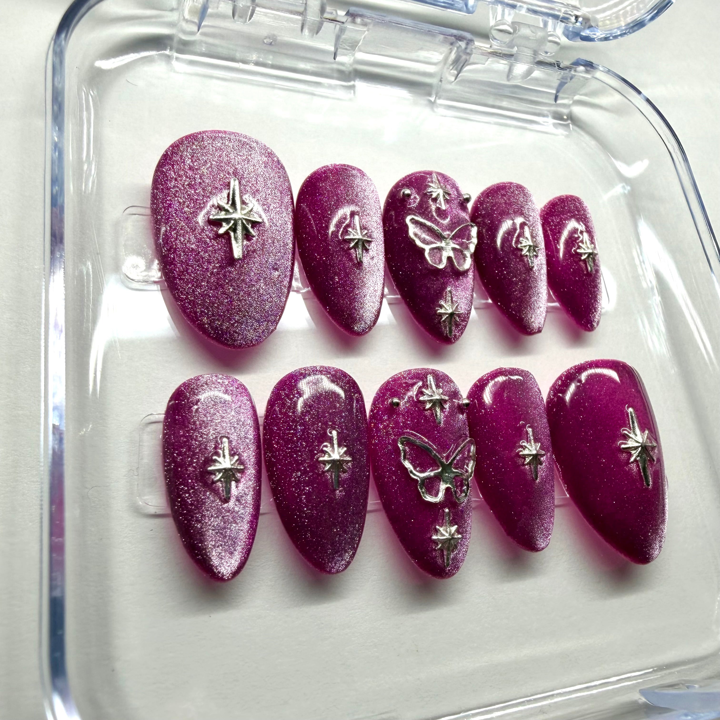 Handmade Pink Cat-Eye Press-on Nails with Butterfly & Star Charms