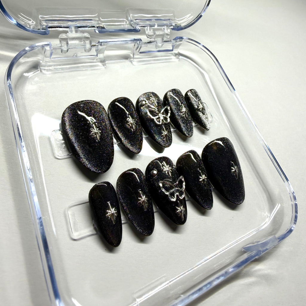 Handmade Black Celestial Butterfly Press-on Nails