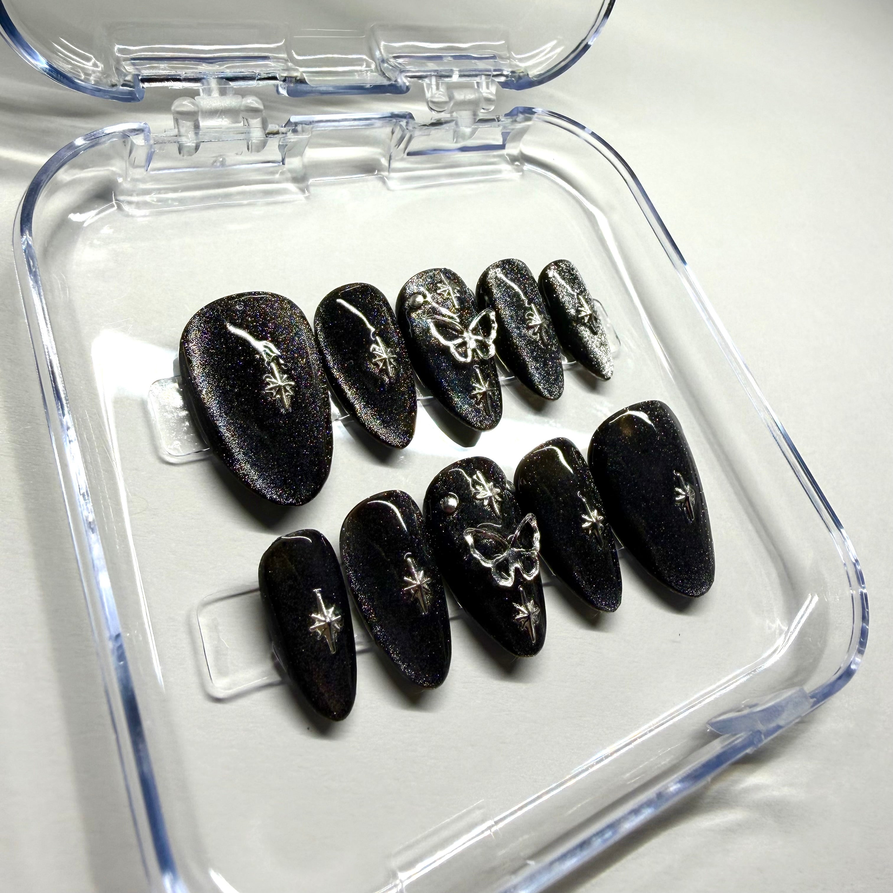 Handmade Black Celestial Butterfly Press-on Nails