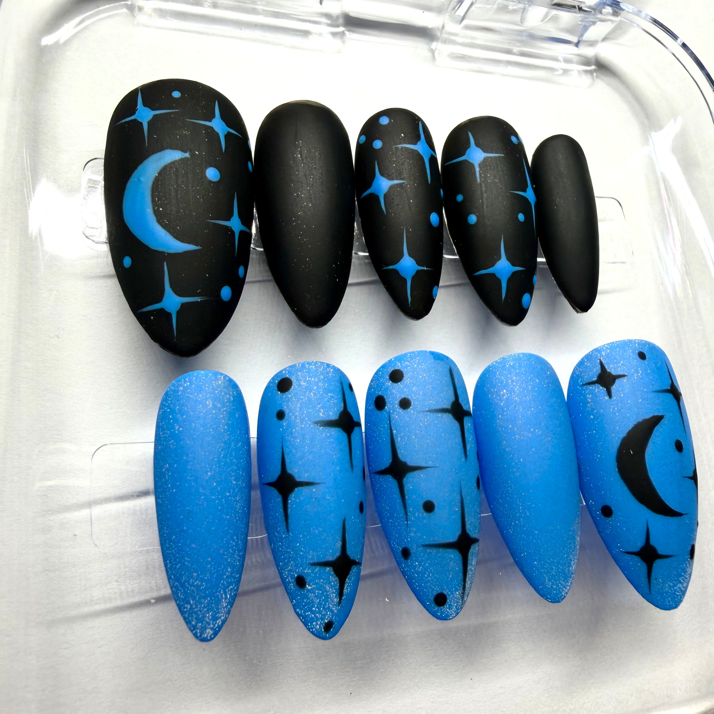 Handmade Blue-Black Moon & Stars Press-on Nails