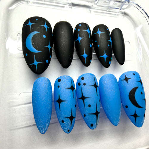 Handmade Blue-Black Moon & Stars Press-on Nails