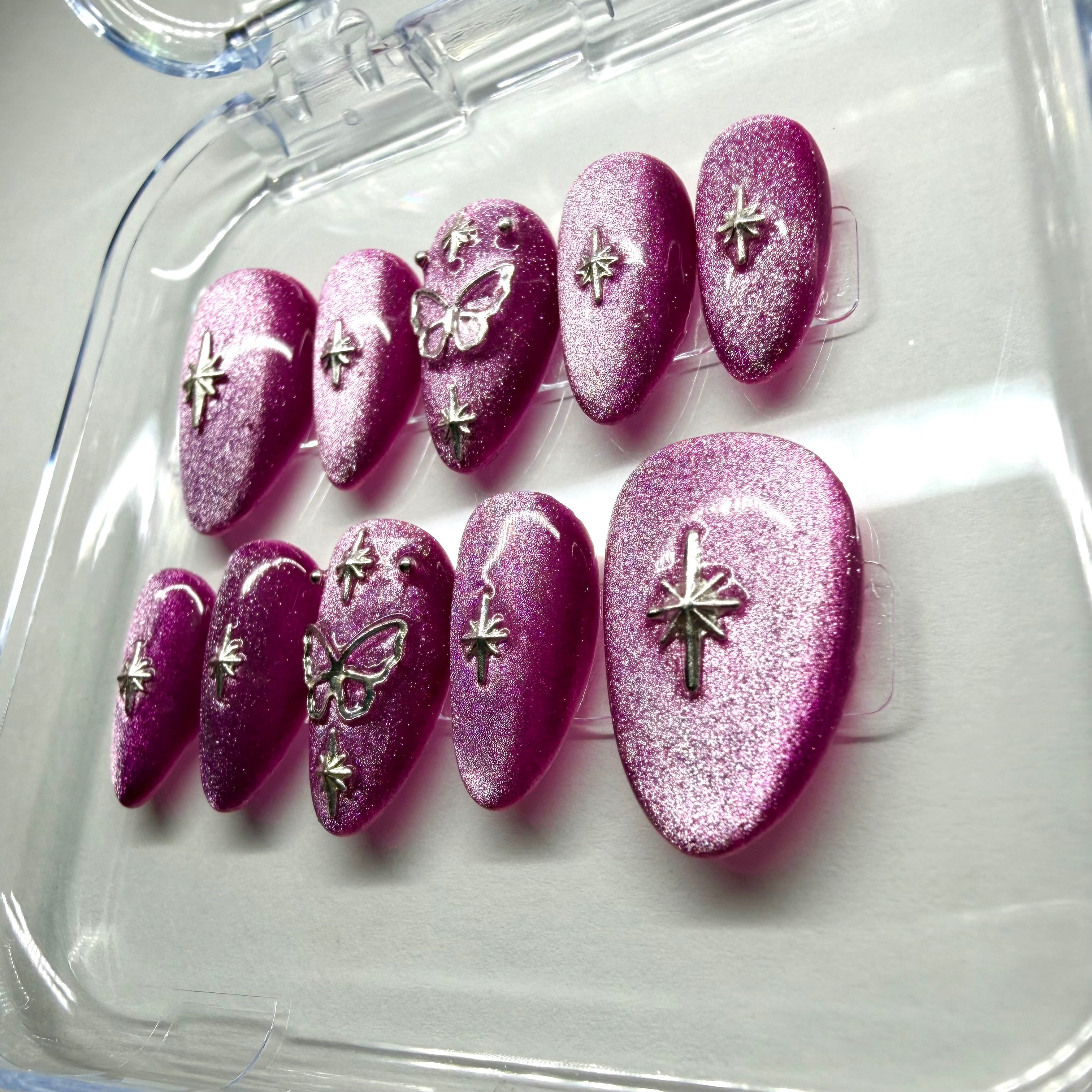 Handmade Pink Cat-Eye Press-on Nails with Butterfly & Star Charms
