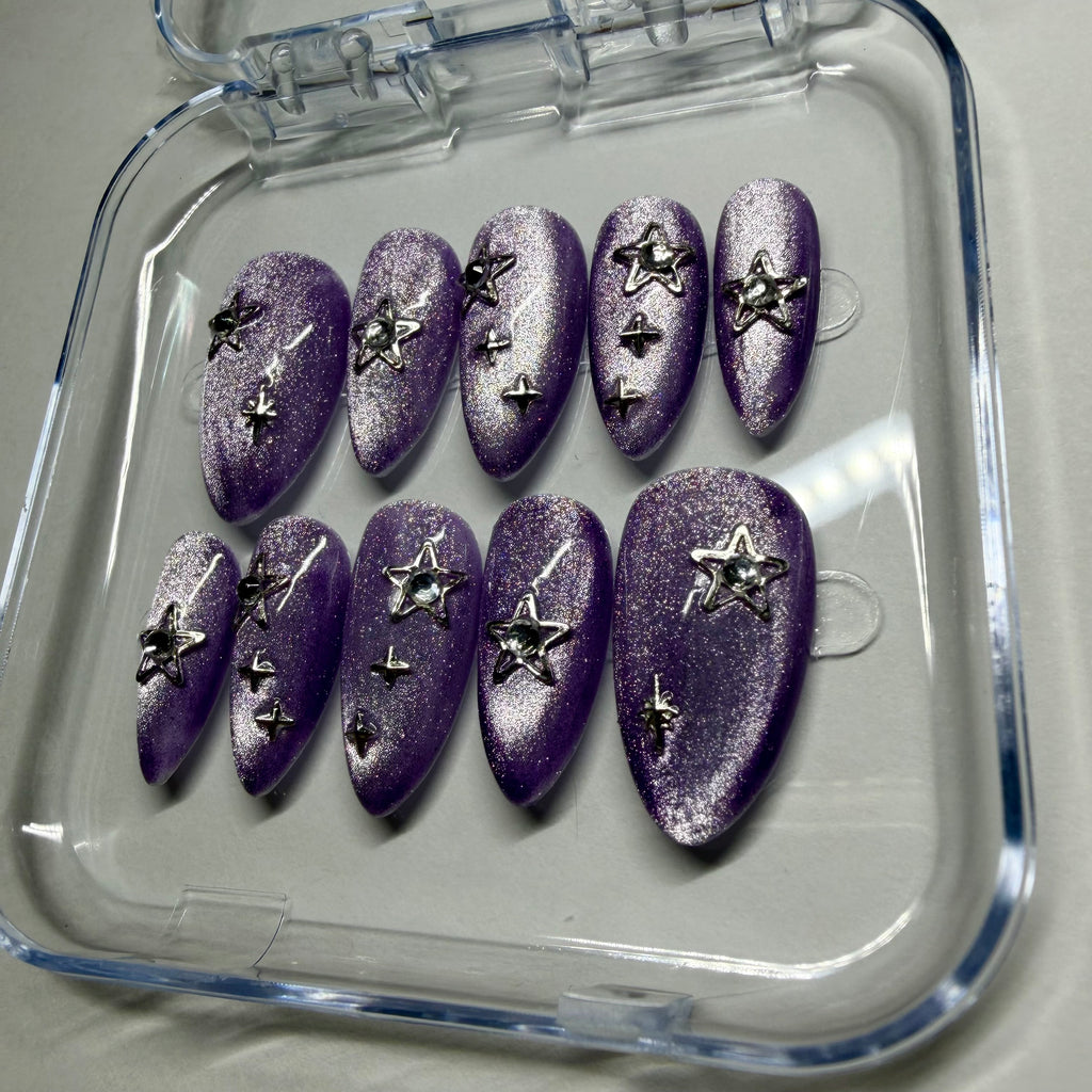 Handmade Purple Cat-Eye With Stars Press-on Nails