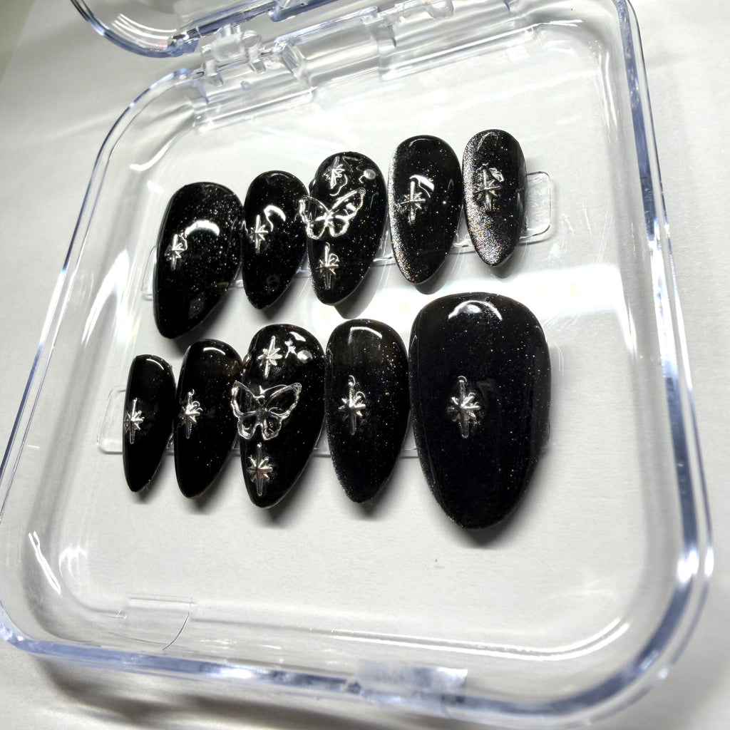 Handmade Black Celestial Butterfly Press-on Nails