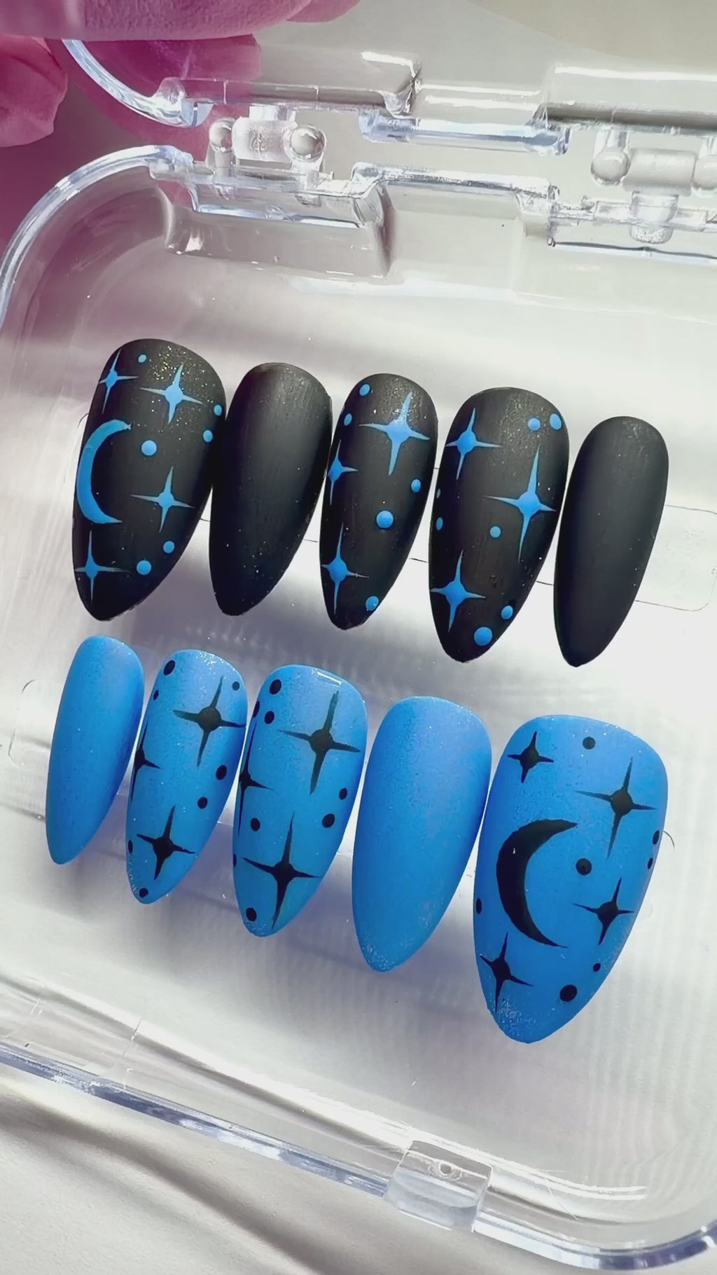 Handmade Blue-Black Moon & Stars Press-on Nails