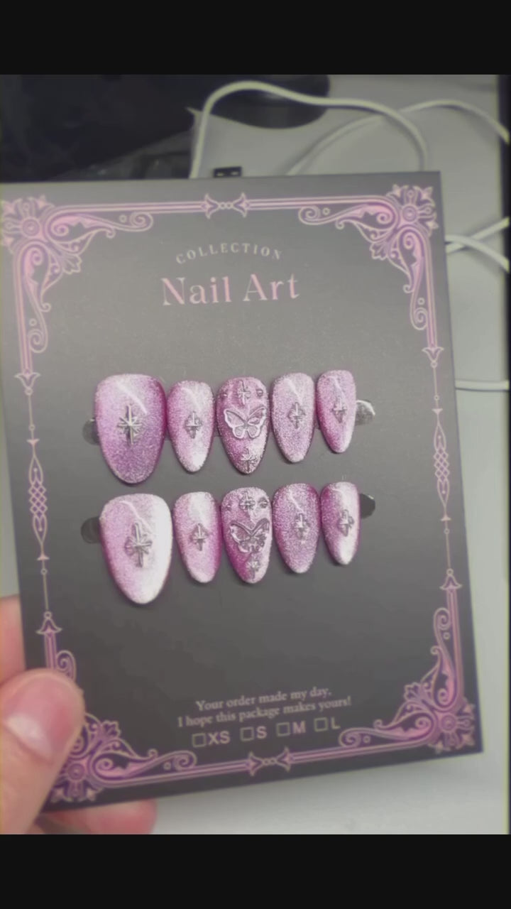 Handmade Pink Cat-Eye Press-on Nails with Butterfly & Star Charms