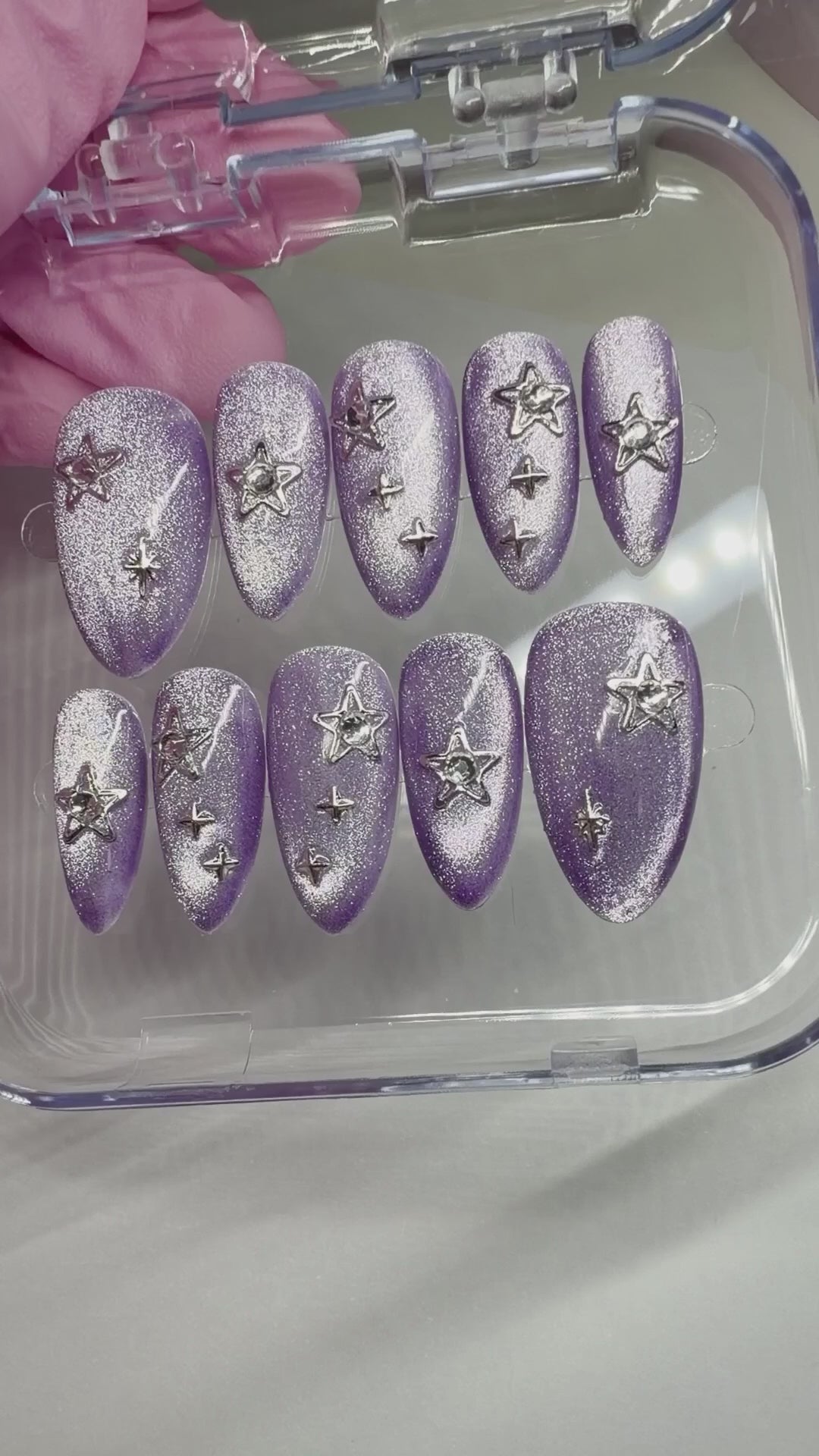 Handmade Purple Cat-Eye With Stars Press-on Nails