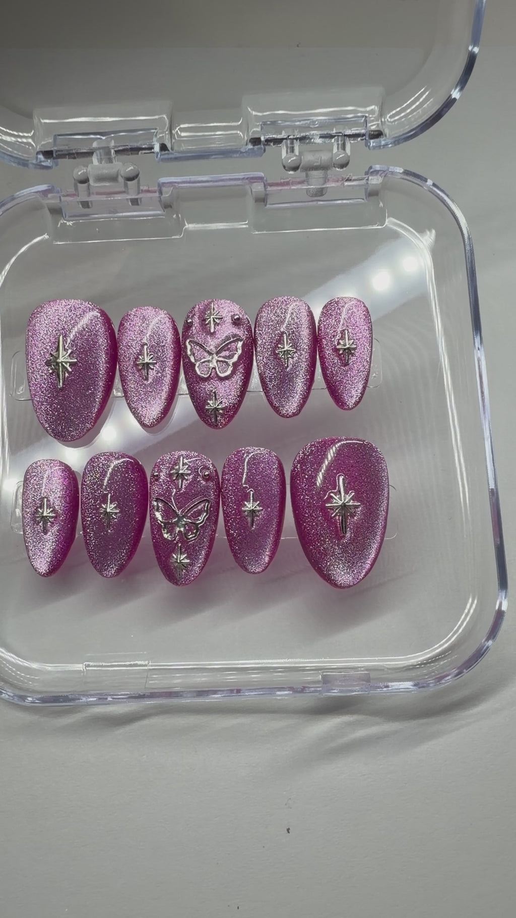Handmade Pink Cat-Eye Press-on Nails with Butterfly & Star Charms