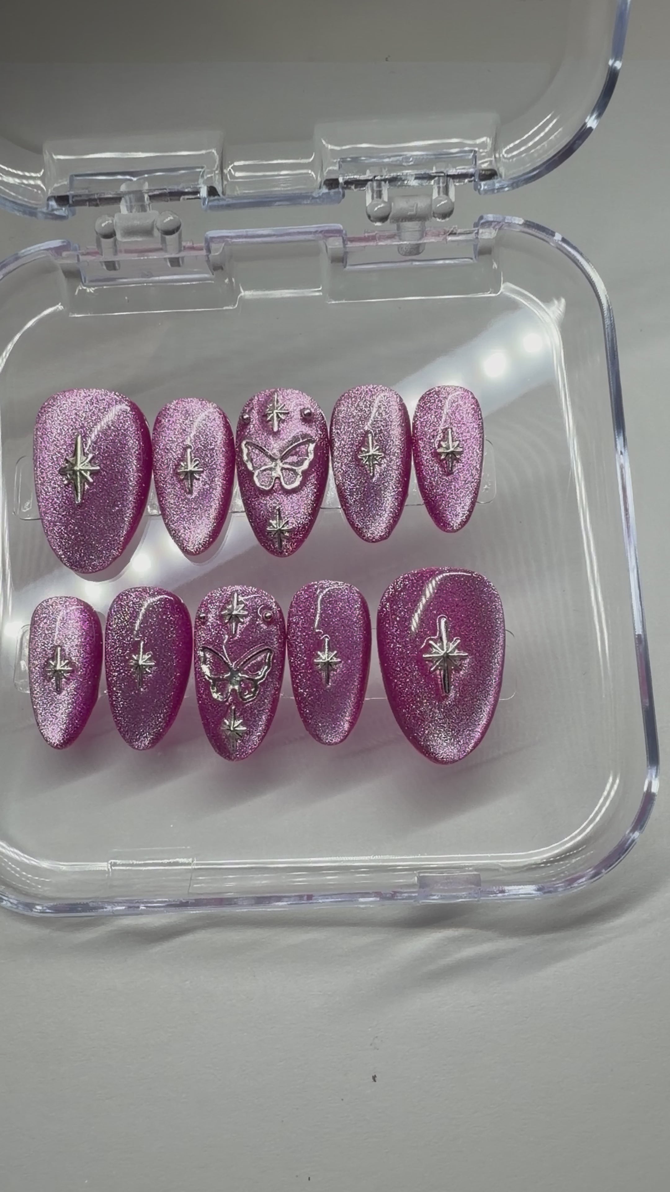 Handmade Pink Cat-Eye Press-on Nails with Butterfly & Star Charms